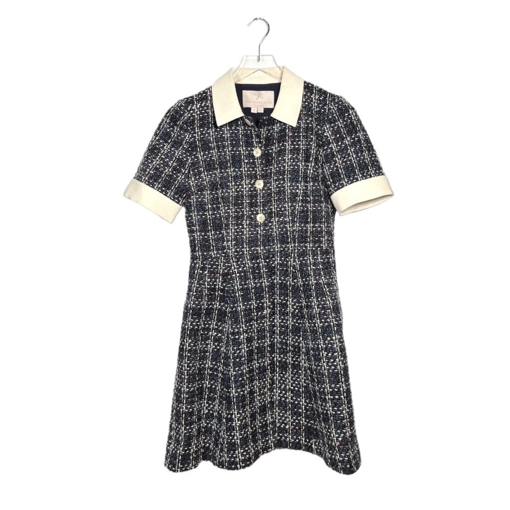 Gal Meets Glam Leslie Boucle Tweed Button Front Fit & Flare Shirt Dress Size 2 - Picture 3 of 7
